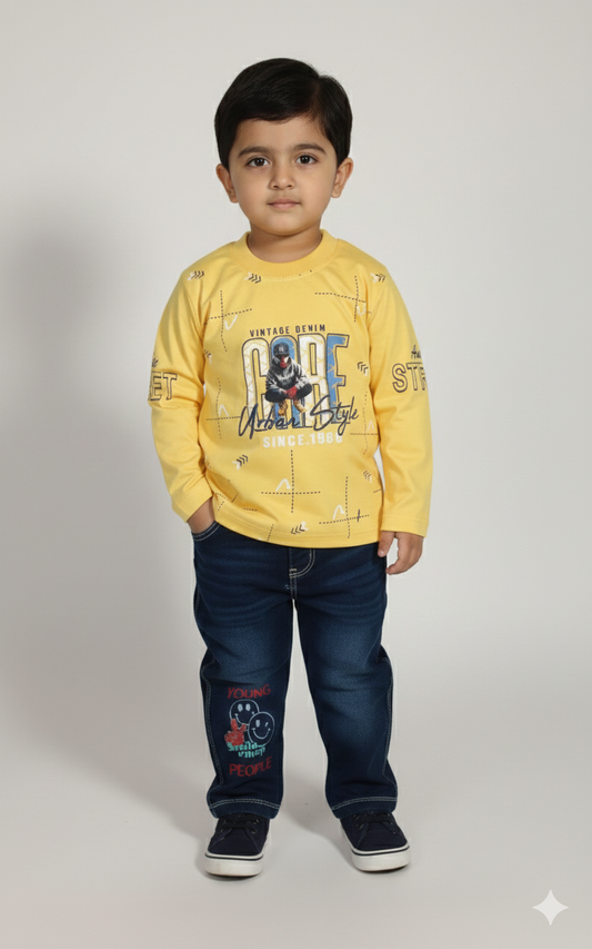 Boys Urban Style Printed T-Shirt & Denim Pant Set – Comfortable Casual Wear for Kids