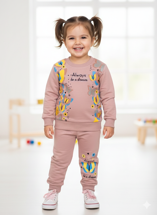 "Always Be a Dream" Butterfly Toddler Girl Tracksuit | Yellow Sweatshirt & Jogger Set
