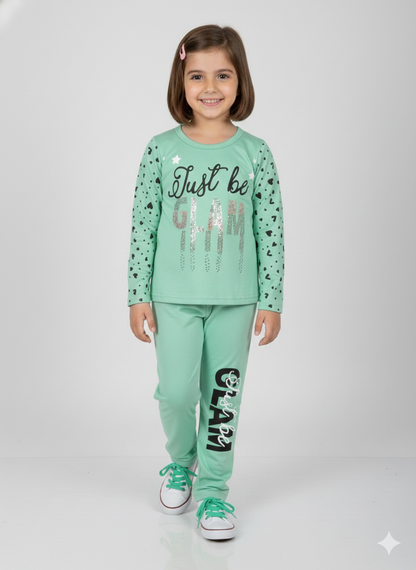 Sparkly LOVE Heart Toddler Girl Outfit | Mint Green Top & Heart Print Leggings Set