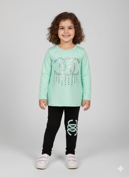 Sparkly Logo Toddler Girl Outfit | Yellow Long Sleeve Top & Black Logo Leggings Set