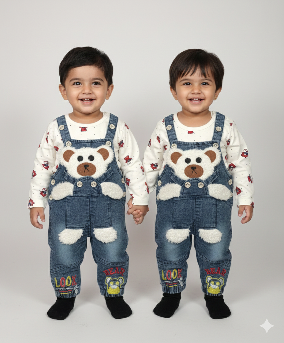 Cute Bear Appliqué Denim Overalls for Toddler Unisex | Long Sleeve Jumpsuit Set