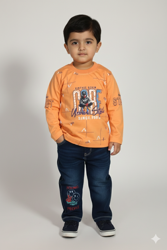 Boys Urban Style Printed T-Shirt & Denim Pant Set – Comfortable Casual Wear for Kids