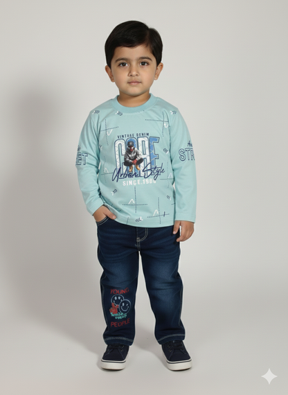 Boys Urban Style Printed T-Shirt & Denim Pant Set – Comfortable Casual Wear for Kids
