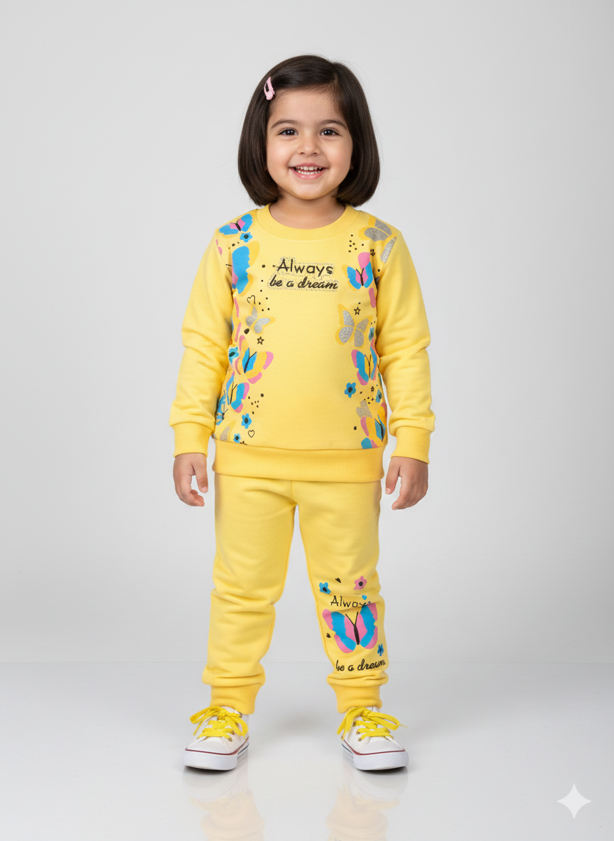 "Always Be a Dream" Butterfly Toddler Girl Tracksuit | Yellow Sweatshirt & Jogger Set