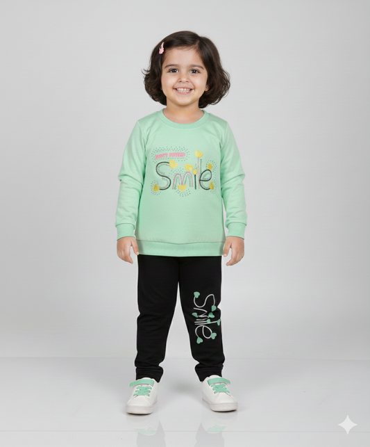 Sparkling "Smile" Toddler Girl Casual Outfit | Yellow Long Sleeve Top & Black Leggings Set