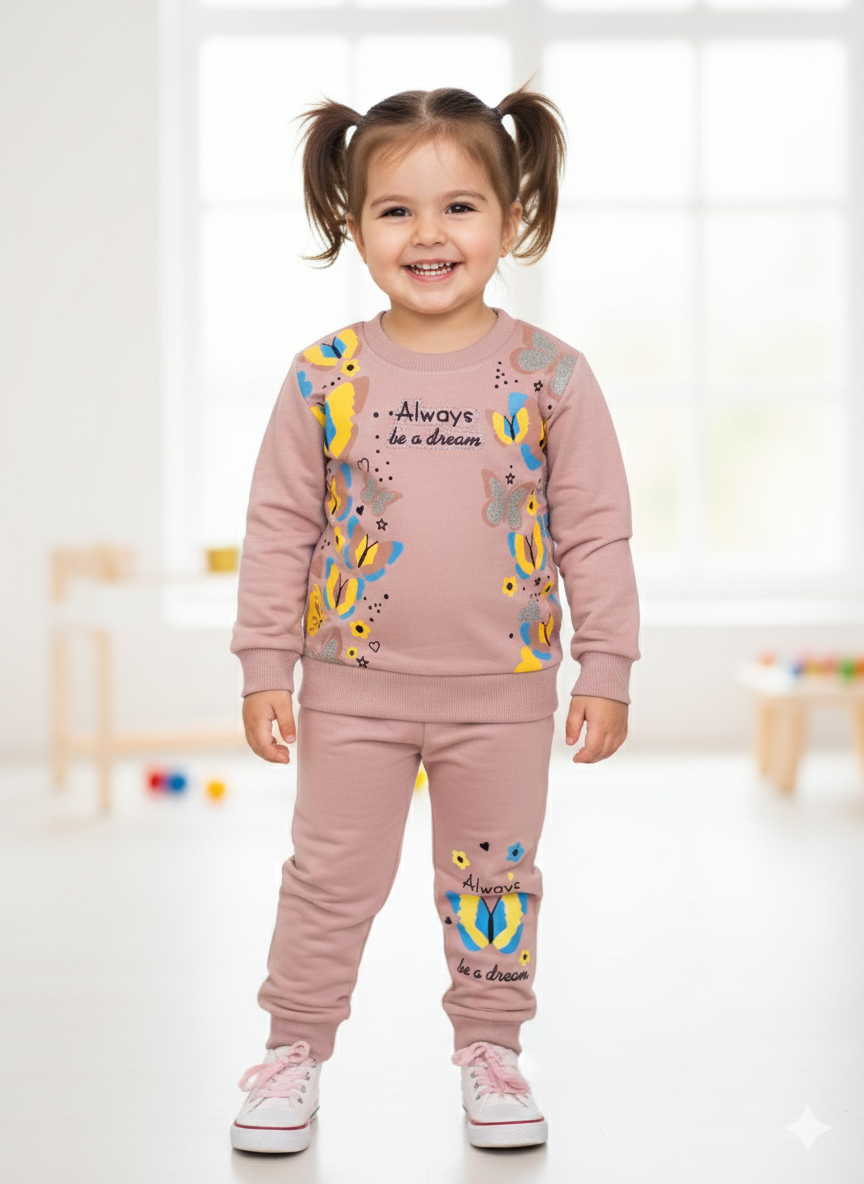 "Always Be a Dream" Butterfly Toddler Girl Tracksuit | Yellow Sweatshirt & Jogger Set