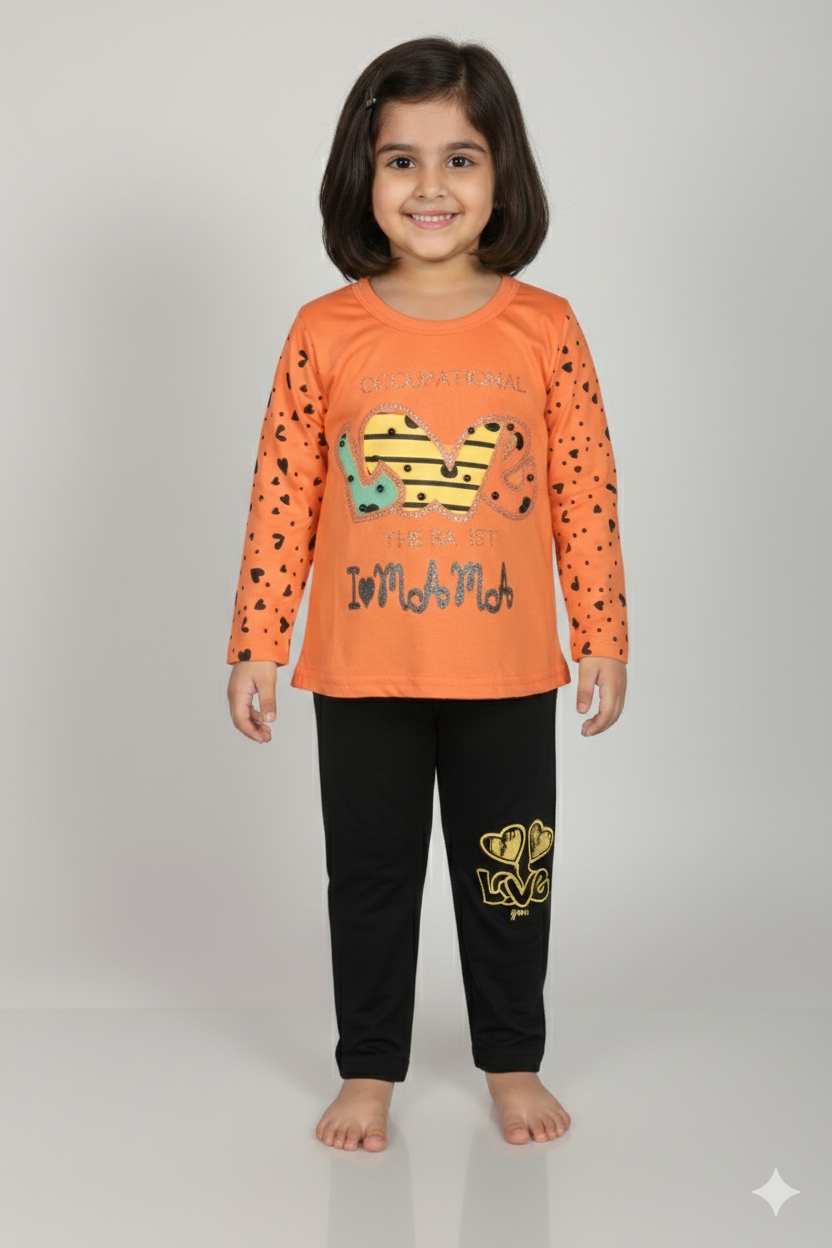 Girls Heart Print Top & Black Legging Set – Stylish Casual Wear | Soft & Comfortable Outfit