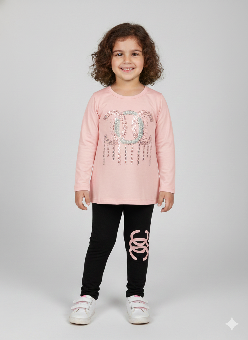 Sparkly Logo Toddler Girl Outfit | Yellow Long Sleeve Top & Black Logo Leggings Set