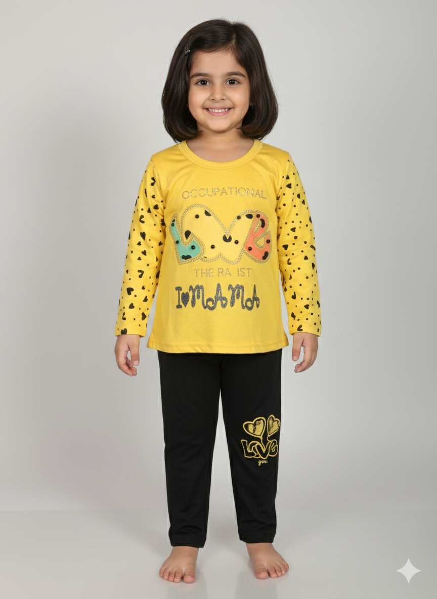 Girls Heart Print Top & Black Legging Set – Stylish Casual Wear | Soft & Comfortable Outfit