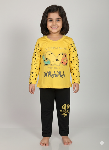 Girls Heart Print Top & Black Legging Set – Stylish Casual Wear | Soft & Comfortable Outfit