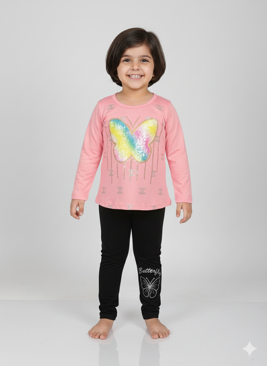 Sparkly Butterfly Toddler Girl Outfit | Pink Long Sleeve Sequin Top & Black Leggings Set
