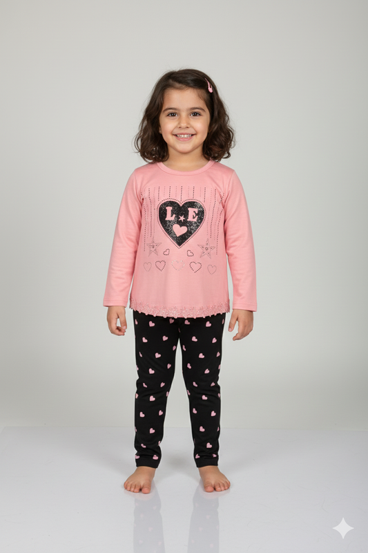 Mint Green Heart Print Toddler Girl Suit | Sequin LOVE Top and Heart Leggings Set