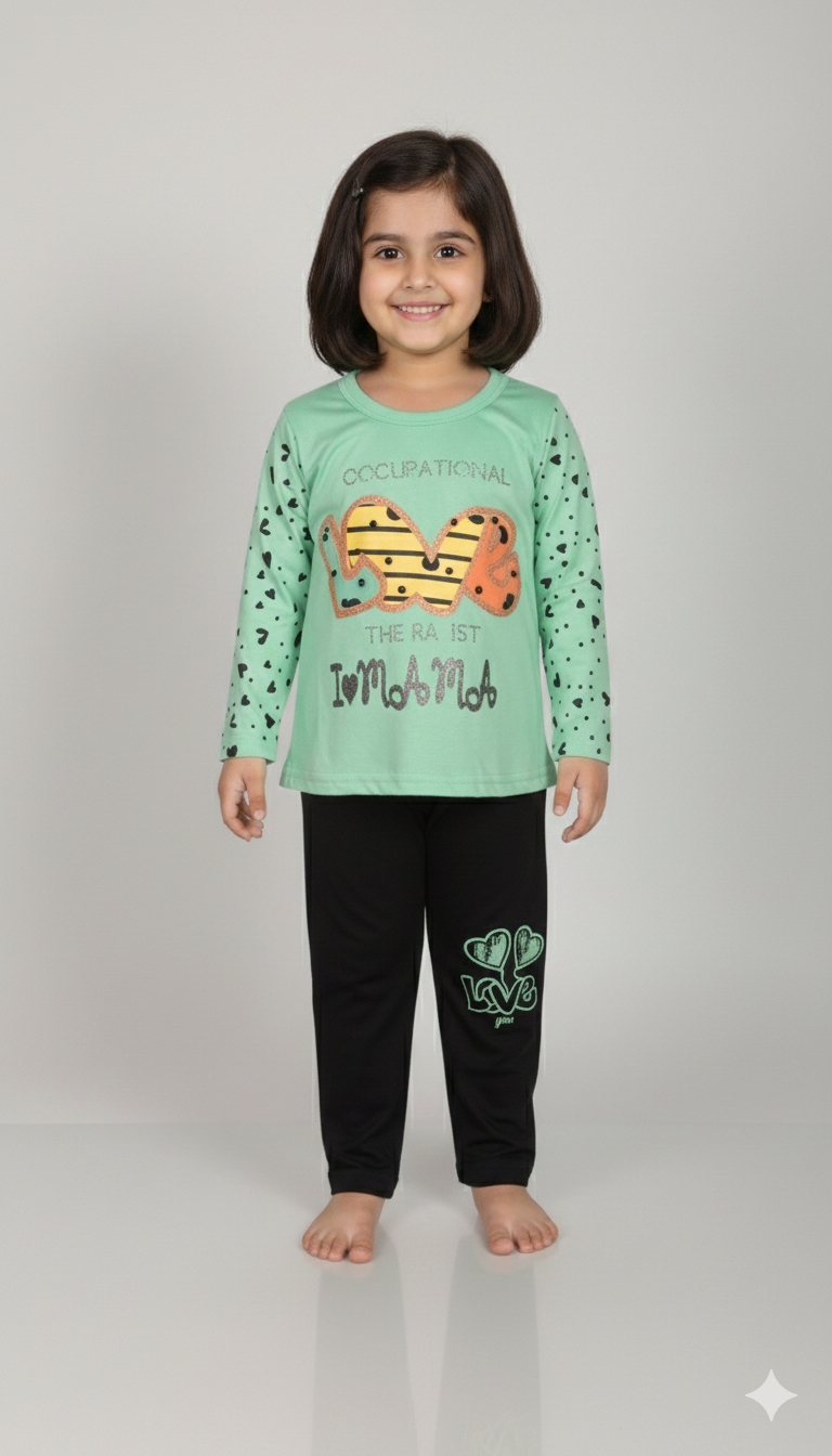 Girls Heart Print Top & Black Legging Set – Stylish Casual Wear | Soft & Comfortable Outfit