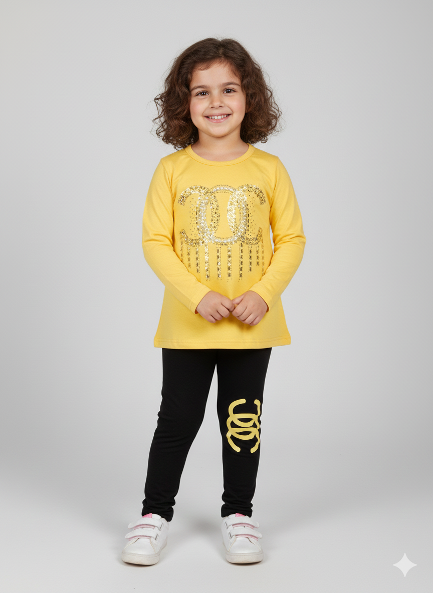 Sparkly Logo Toddler Girl Outfit | Yellow Long Sleeve Top & Black Logo Leggings Set