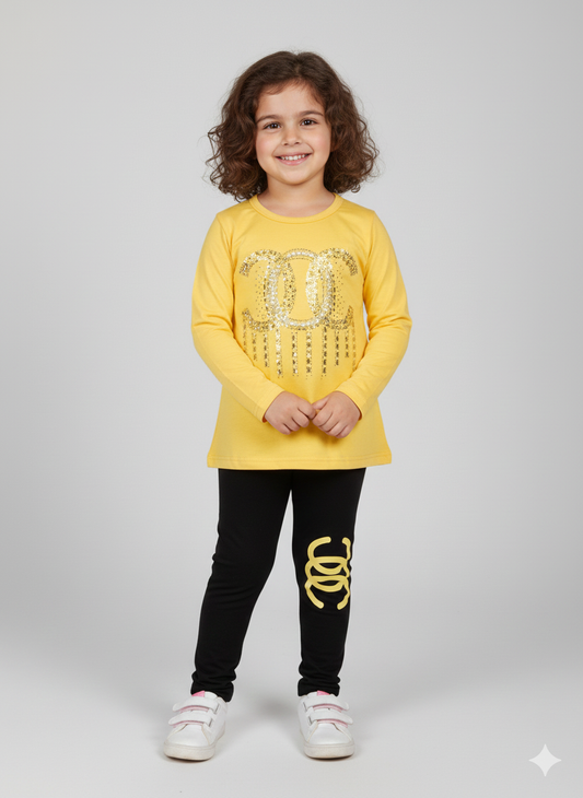 Sparkly Logo Toddler Girl Outfit | Yellow Long Sleeve Top & Black Logo Leggings Set